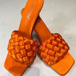 Orange woven leather mules with a 4” heel #mules